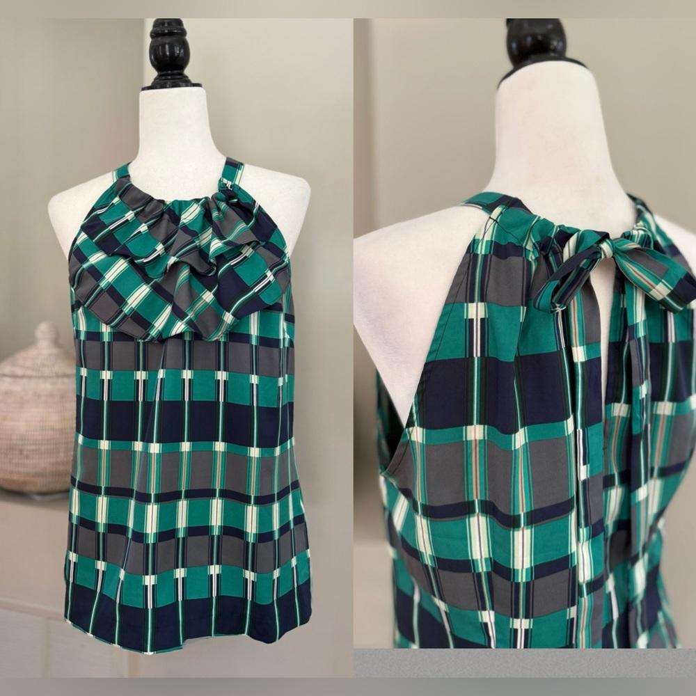 Green Plaid Satin Halter Top with Frill Detail - M